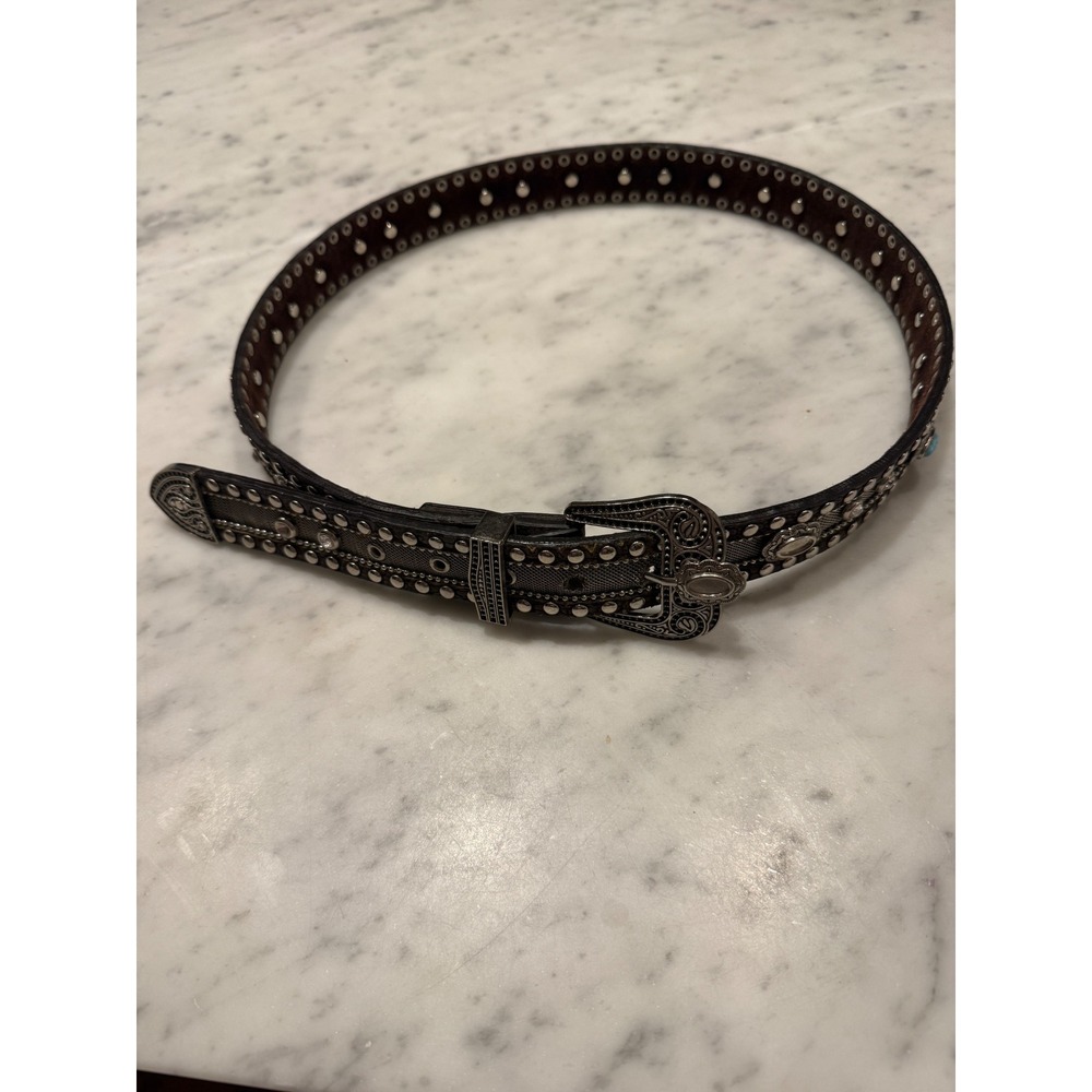 Western Studded Leather Concho Belt Turquoise Stone Silver Buckle Cowgirl Boho